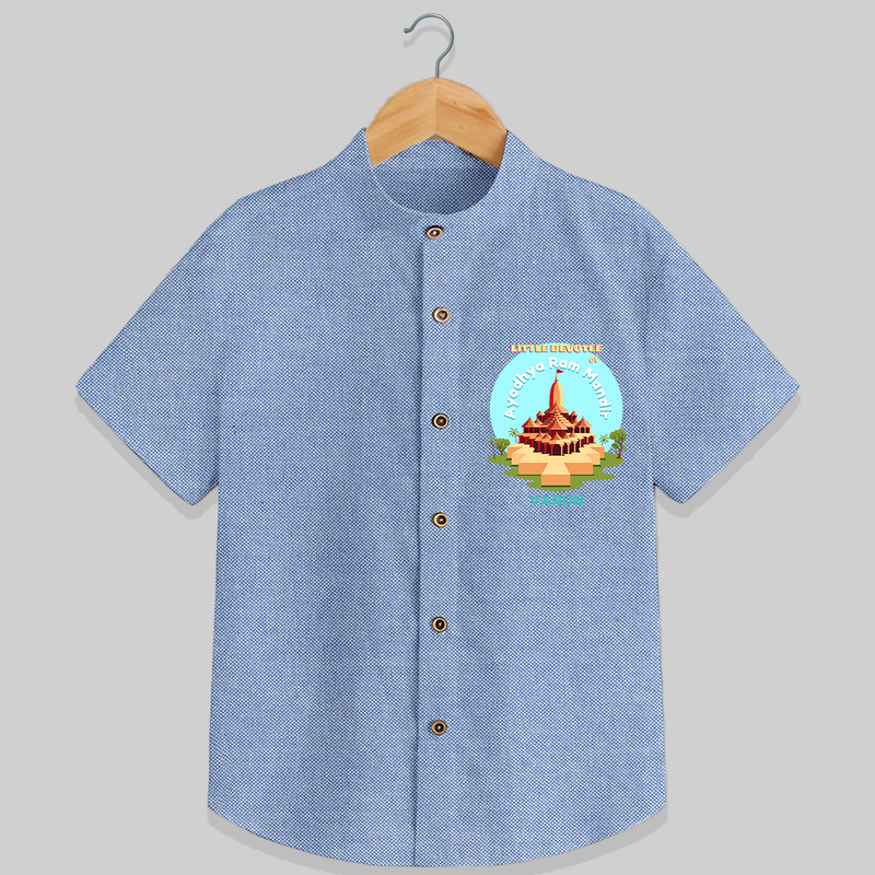 Celebrate tradition in style with our 'Little Devotee of Ayothya Ram Mandir' Customised Shirt for Kids - BLUE CHAMBREY - 0 - 6 Months Old (Chest 21")