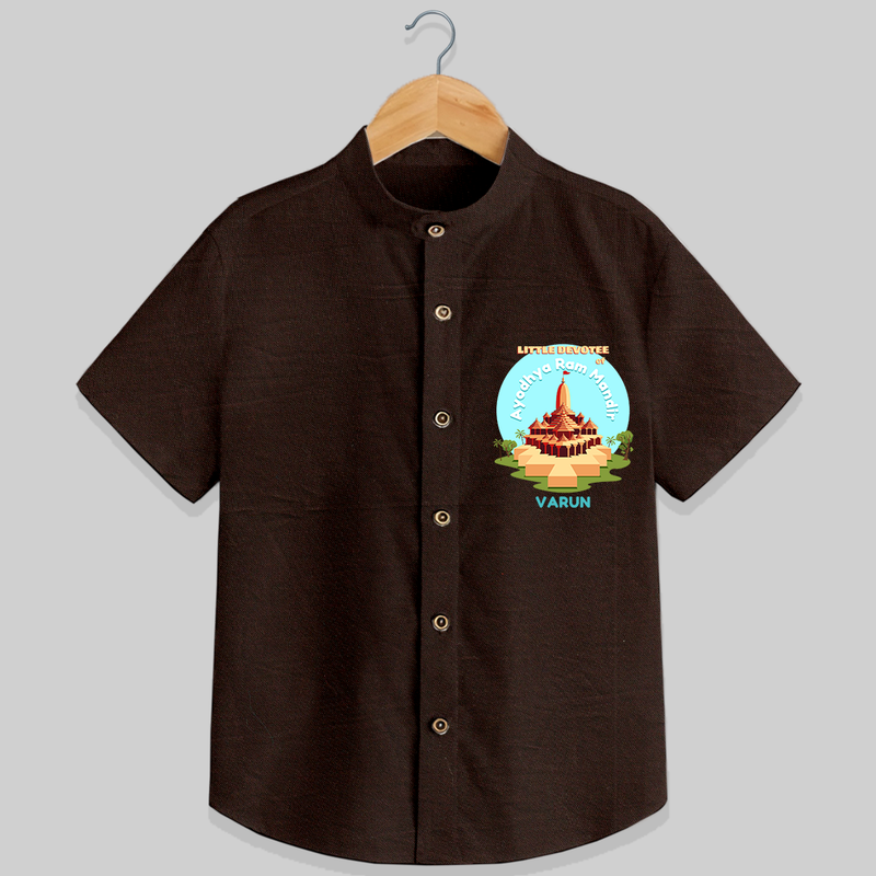 Celebrate tradition in style with our 'Little Devotee of Ayothya Ram Mandir' Customised Shirt for Kids - CHOCOLATE BROWN - 0 - 6 Months Old (Chest 21")