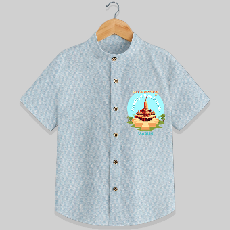 Celebrate tradition in style with our 'Little Devotee of Ayothya Ram Mandir' Customised Shirt for Kids - PASTEL BLUE CHAMBREY - 0 - 6 Months Old (Chest 21")