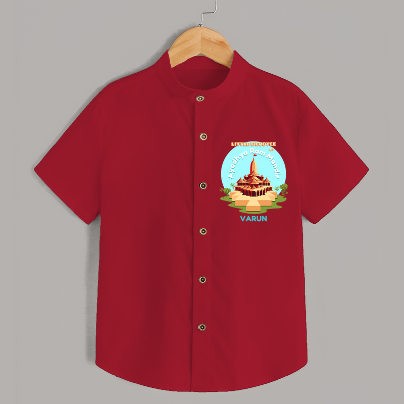 Celebrate tradition in style with our 'Little Devotee of Ayothya Ram Mandir' Customised Shirt for Kids - RED - 0 - 6 Months Old (Chest 21")
