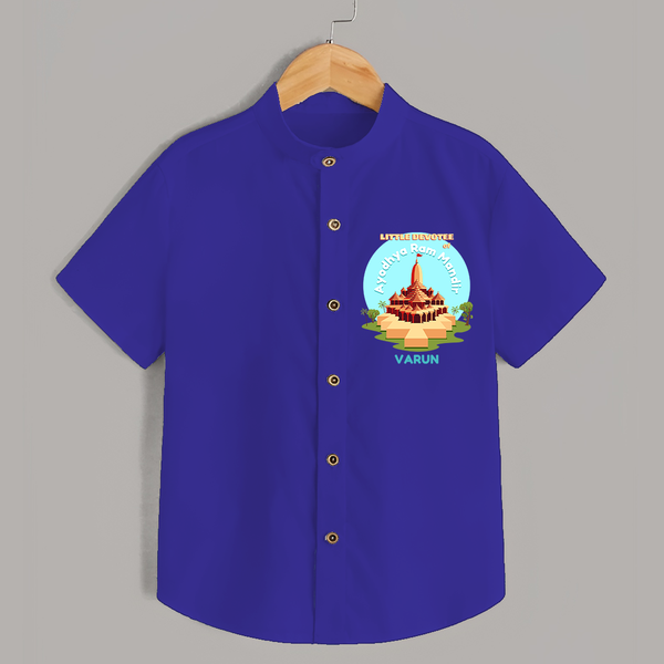 Celebrate tradition in style with our 'Little Devotee of Ayothya Ram Mandir' Customised Shirt for Kids - ROYAL BLUE - 0 - 6 Months Old (Chest 21")