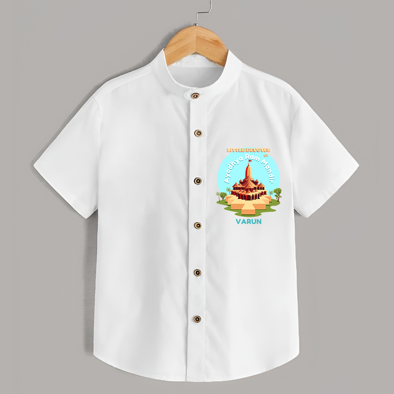Celebrate tradition in style with our 'Little Devotee of Ayothya Ram Mandir' Customised Shirt for Kids - WHITE - 0 - 6 Months Old (Chest 21")