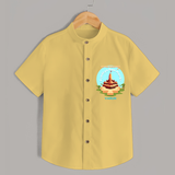 Celebrate tradition in style with our 'Little Devotee of Ayothya Ram Mandir' Customised Shirt for Kids - YELLOW - 0 - 6 Months Old (Chest 21")