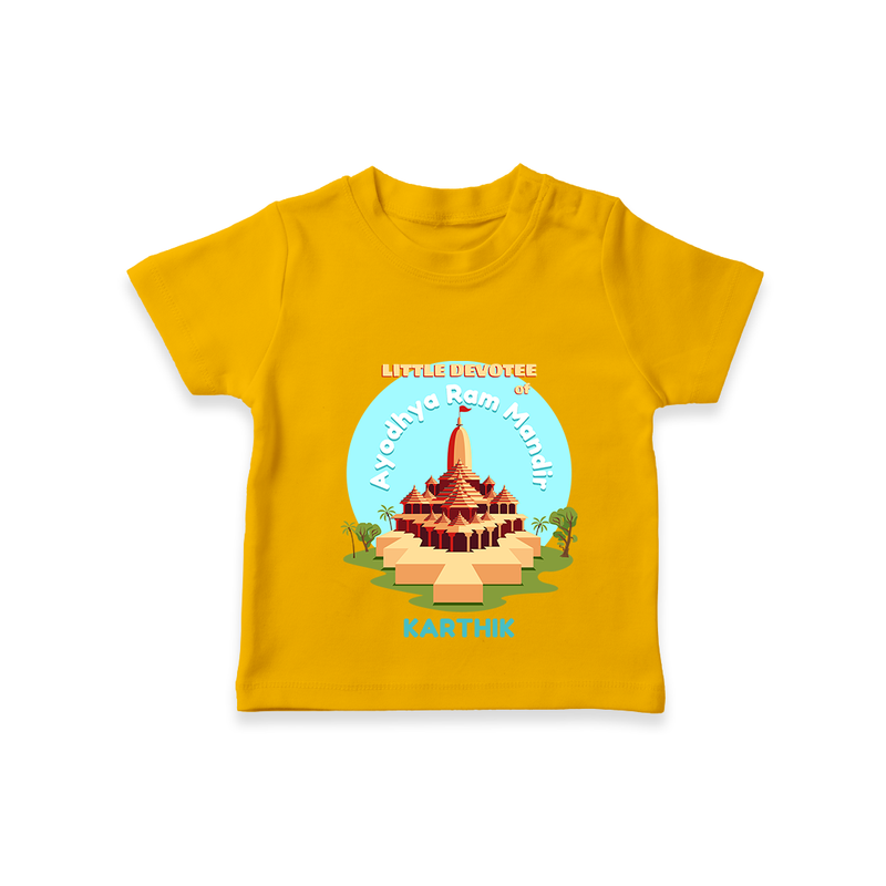 Celebrate tradition in style with our 'Little Devotee of Ayothya Ram Mandir' Customised T-Shirt for Kids - CHROME YELLOW - 0 - 5 Months Old (Chest 17")