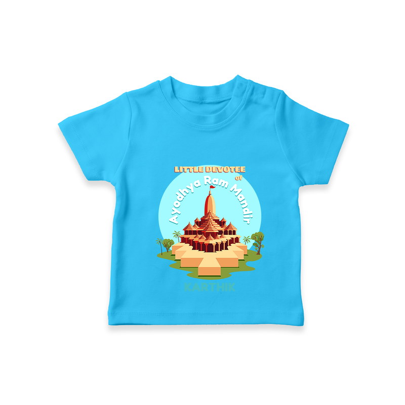 Celebrate tradition in style with our 'Little Devotee of Ayothya Ram Mandir' Customised T-Shirt for Kids - SKY BLUE - 0 - 5 Months Old (Chest 17")