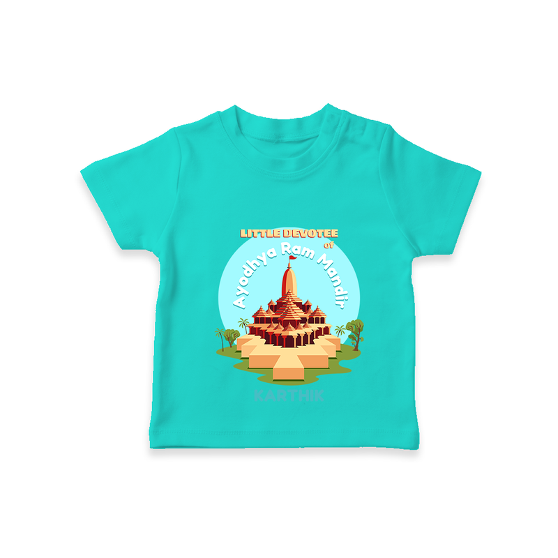 Celebrate tradition in style with our 'Little Devotee of Ayothya Ram Mandir' Customised T-Shirt for Kids - TEAL - 0 - 5 Months Old (Chest 17")