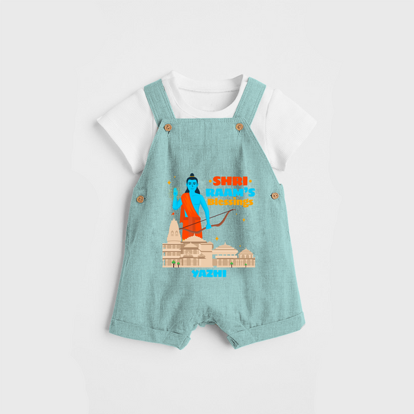 Make a bold entrance with our 'Shri Raam's Blessings' Customised Dungaree Set for Kids, designed to turn heads with its vibrant colors. - AQUA GREEN - 0 - 3 Months Old (Chest 17")