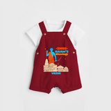 Make a bold entrance with our 'Shri Raam's Blessings' Customised Dungaree Set for Kids, designed to turn heads with its vibrant colors. - RED - 0 - 3 Months Old (Chest 17")