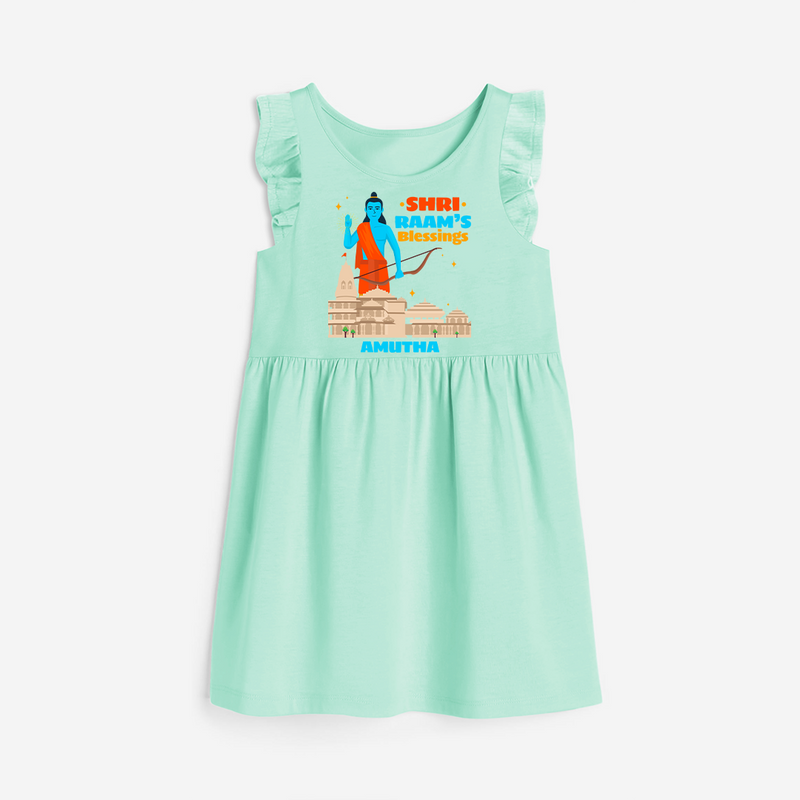 Make a bold entrance with our 'Shri Raam's Blessings' Customised Frock for Kids, designed to turn heads with its vibrant colors. - TEAL GREEN - 0 - 6 Months Old (Chest 18")