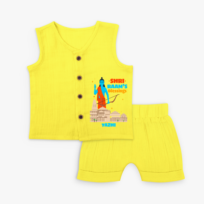 Make a bold entrance with our 'Shri Raam's Blessings' Customised Jabla Set for Kids, designed to turn heads with its vibrant colors. - YELLOW - 0 - 3 Months Old (Chest 9.8")
