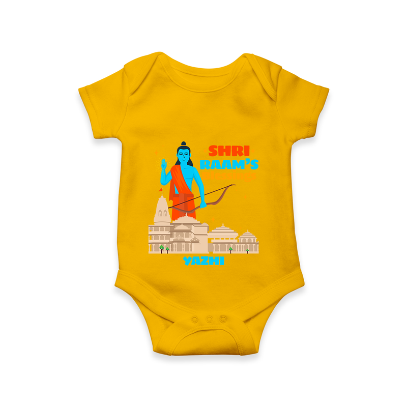 Make a bold entrance with our 'Shri Raam's Blessings' Customised Dungaree for Kids, designed to turn heads with its vibrant colors. - CHROME YELLOW - 0 - 3 Months Old (Chest 16")