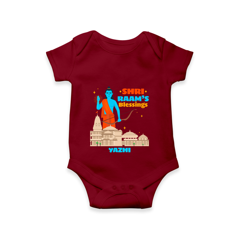 Make a bold entrance with our 'Shri Raam's Blessings' Customised Dungaree for Kids, designed to turn heads with its vibrant colors. - MAROON - 0 - 3 Months Old (Chest 16")