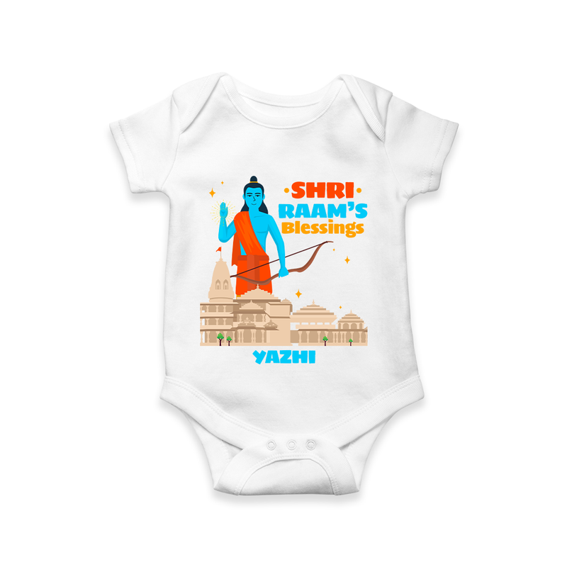 Make a bold entrance with our 'Shri Raam's Blessings' Customised Dungaree for Kids, designed to turn heads with its vibrant colors. - WHITE - 0 - 3 Months Old (Chest 16")