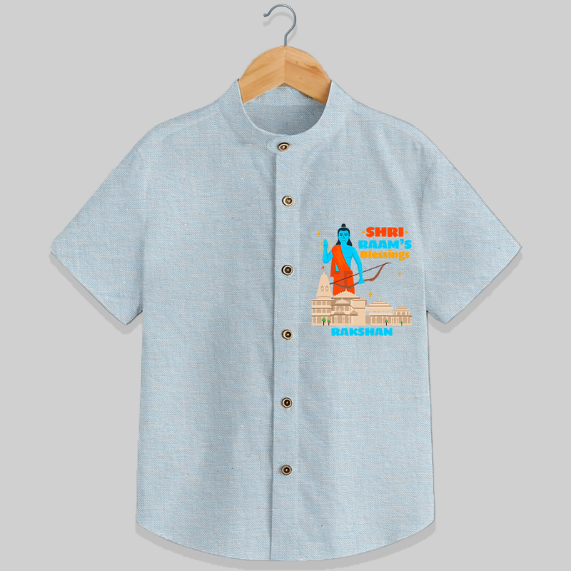 Make a bold entrance with our 'Shri Raam's Blessings' Customised Shirt for Kids, designed to turn heads with its vibrant colors. - PASTEL BLUE CHAMBREY - 0 - 6 Months Old (Chest 21")