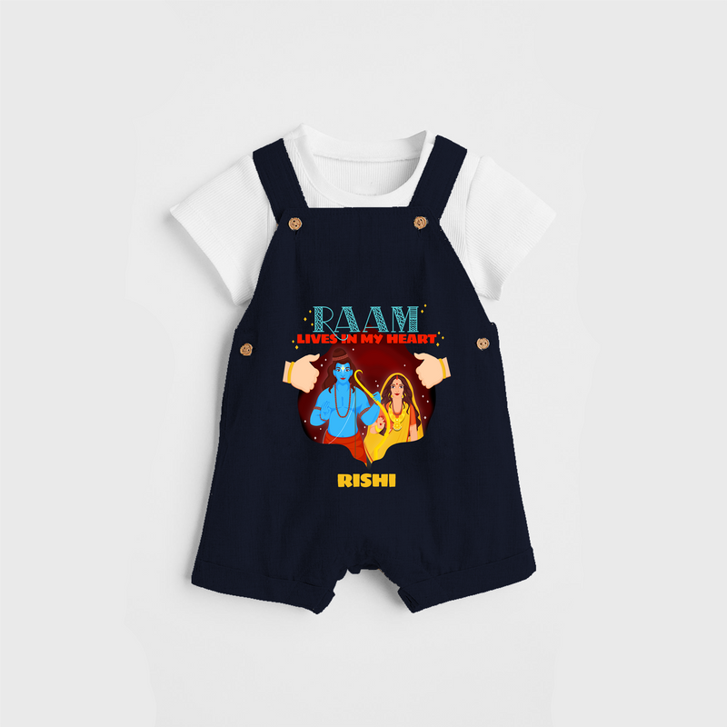 Leave a lasting impression with our 'Raam Lives In My heart' Customised Dungaree Set for Kids - NAVY BLUE - 0 - 3 Months Old (Chest 17")