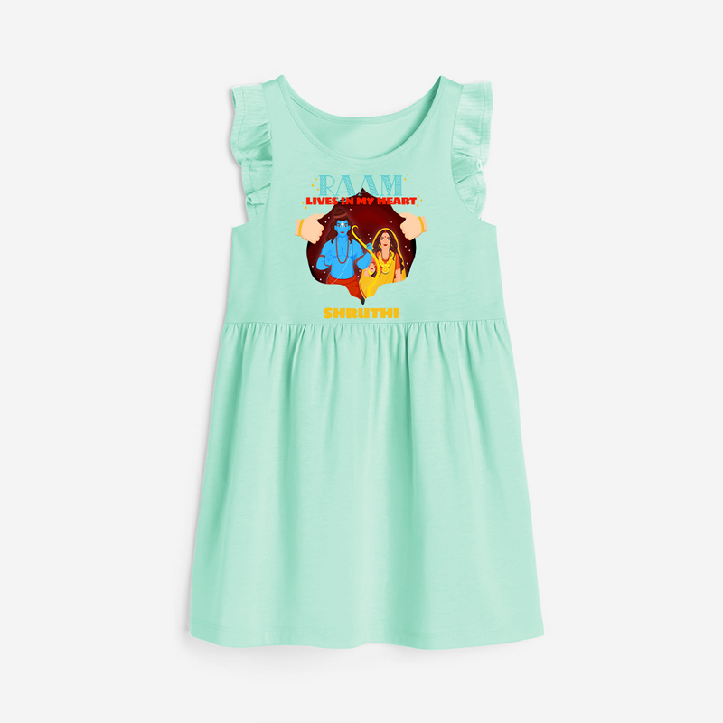 Leave a lasting impression with our 'Raam Lives In My heart' Customised Frock for Kids - TEAL GREEN - 0 - 6 Months Old (Chest 18")