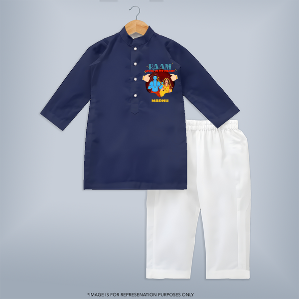 Leave a lasting impression with our 'Raam Lives In My heart' Customised Kurta Set for Kids - NAVY BLUE - 0 - 6 Months Old (Chest 22", Waist 18", Pant Length 16")