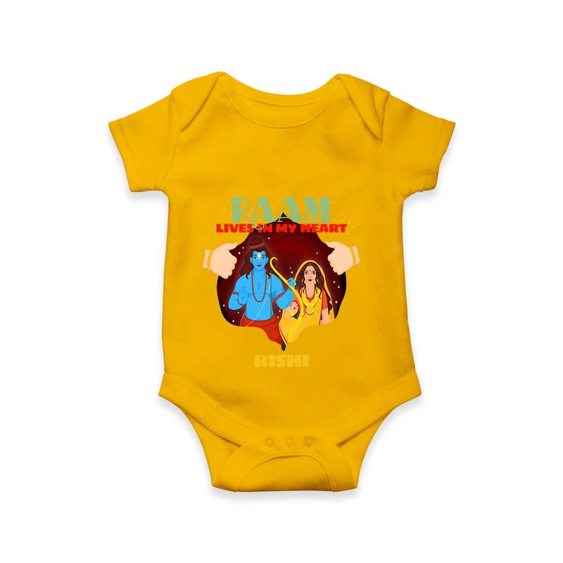 Leave a lasting impression with our 'Raam Lives In My heart' Customised Dungaree for Kids - CHROME YELLOW - 0 - 3 Months Old (Chest 16")