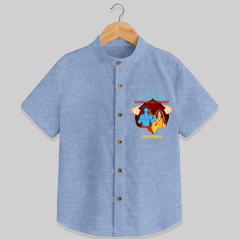 Leave a lasting impression with our 'Raam Lives In My heart' Customised Shirt for Kids - BLUE CHAMBREY - 0 - 6 Months Old (Chest 21")