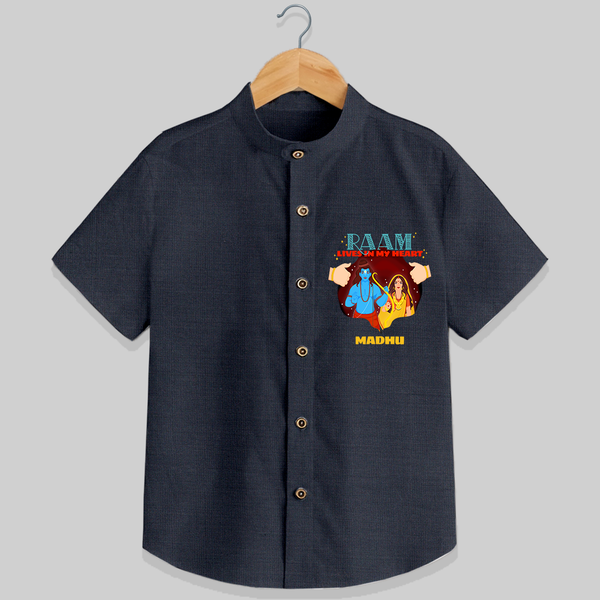 Leave a lasting impression with our 'Raam Lives In My heart' Customised Shirt for Kids - DARK GREY - 0 - 6 Months Old (Chest 21")