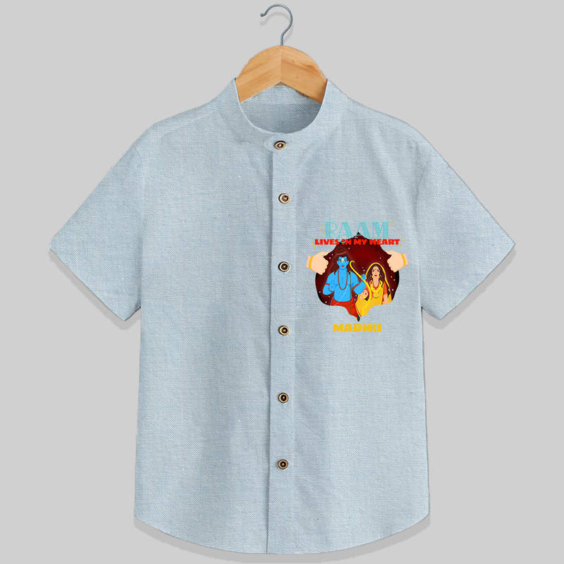 Leave a lasting impression with our 'Raam Lives In My heart' Customised Shirt for Kids - PASTEL BLUE CHAMBREY - 0 - 6 Months Old (Chest 21")