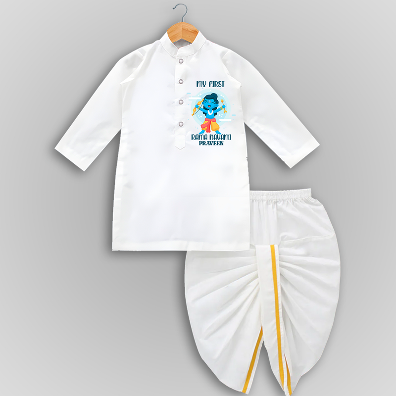 My First Ram Navami - Celebrating With Divine Blessings With Our Customized Drapped Dhoti For kids With Name - WHITE - 0 - 6 Month Old (Chest 24", Kurta Length 14" , Waist 19", Dhoti Length 14")