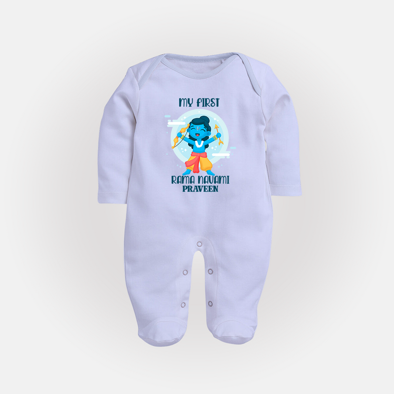 My First Ram Navami - Celebrating With Divine Blessings With Our Customized Sleep Suit For Babies With Name - BABY BLUE - New Born (Chest 7.5")