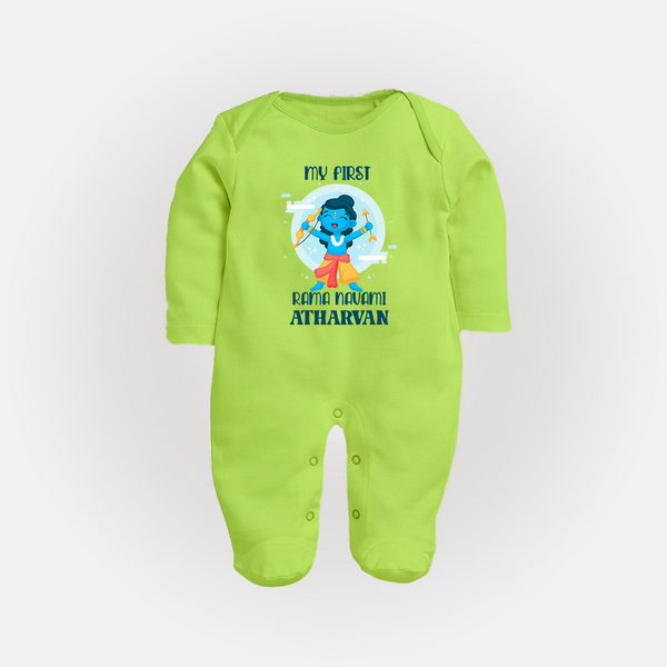My First Rama Navami – Personalized Baby Fullbody suit - LIME GREEN - New Born (Chest 7.5")