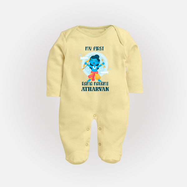 My First Rama Navami – Personalized Baby Fullbody suit - PASTEL YELLOW - New Born (Chest 7.5")