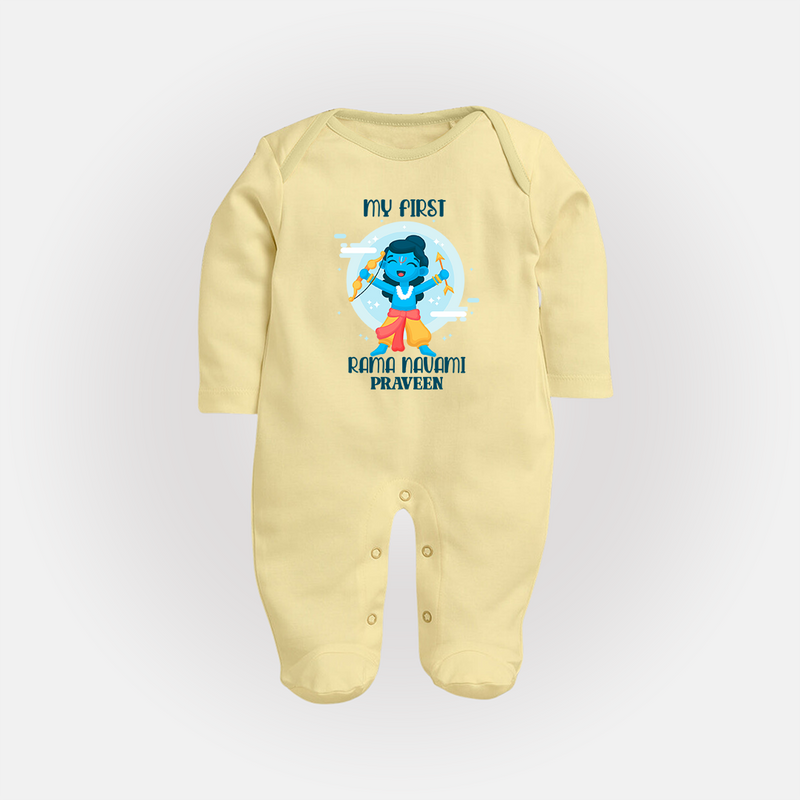 My First Ram Navami - Celebrating With Divine Blessings With Our Customized Sleep Suit For Babies With Name - PASTEL YELLOW - New Born (Chest 7.5")