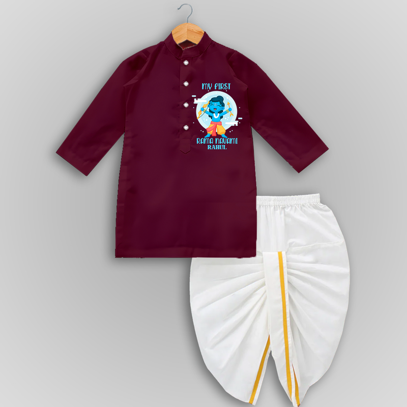 My First Ram Navami - Celebrating With Divine Blessings With Our Customized Drapped Dhoti For kids With Name - MAROON - 0 - 6 Month Old (Chest 24", Kurta Length 14" , Waist 19", Dhoti Length 14")