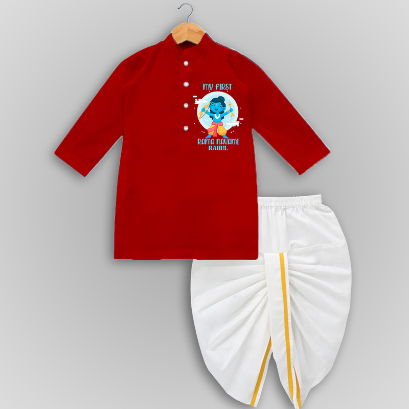 My First Ram Navami - Celebrating With Divine Blessings With Our Customized Drapped Dhoti For kids With Name - RED - 0 - 6 Month Old (Chest 24", Kurta Length 14" , Waist 19", Dhoti Length 14")