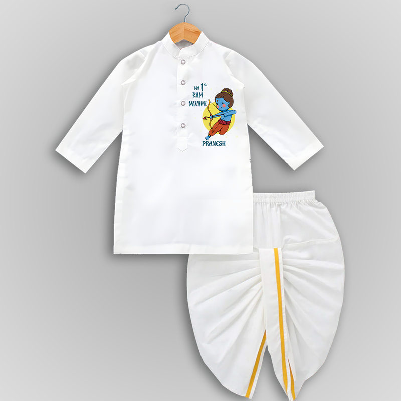 My First Ram Navami - A Journey Of Faith Begins With Our Customized Drapped Dhoti For kids With Name - WHITE - 0 - 6 Month Old (Chest 24", Kurta Length 14" , Waist 19", Dhoti Length 14")