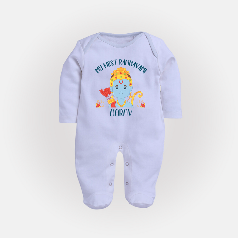 My First Ram Navami - Embracing The Spirit Of Lord Rama With Our Customized Sleep Suit For Babies With Name - BABY BLUE - New Born (Chest 7.5")