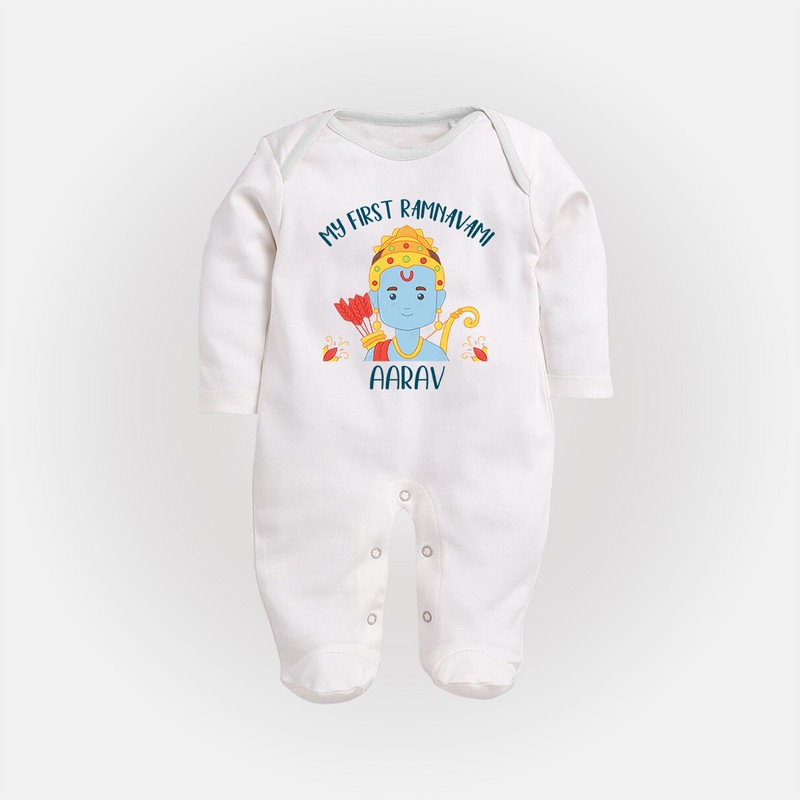 My First Ram Navami - Embracing The Spirit Of Lord Rama With Our Customized Sleep Suit For Babies With Name - WHITE - New Born (Chest 7.5")