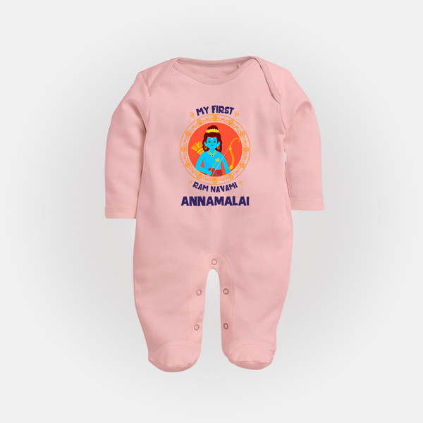 My First Ram Navami Name Print Fullbody suit - BABY PINK - New Born (Chest 7.5")