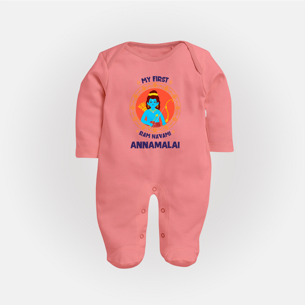 My First Ram Navami Name Print Fullbody suit - PEACH - New Born (Chest 7.5")