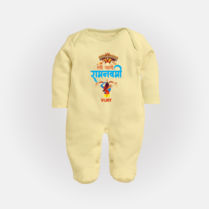 My First Ram Navami - A Special Day Of Blessings With Our Customized Sleep Suit For Babies With Name - PASTEL YELLOW - New Born (Chest 7.5")