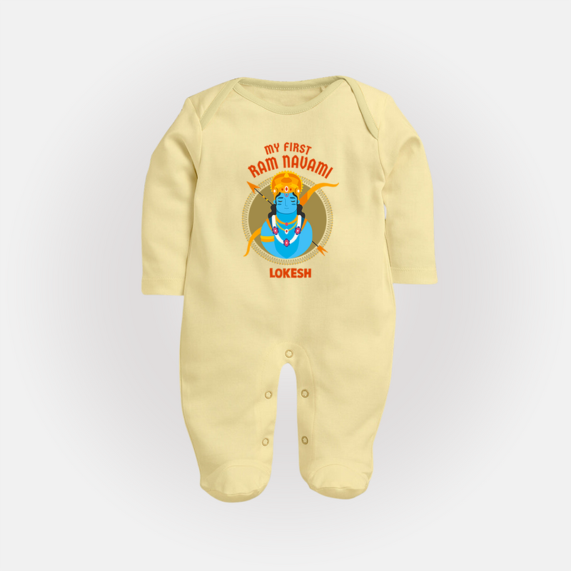 My First Ram Navami - A Celebration Of Virtue And Valor With Our Customized Sleep Suit For Babies With Name - PASTEL YELLOW - New Born (Chest 7.5")