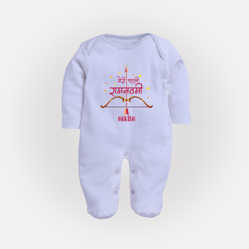 My First Ram Navami - A Sacred Beginning Of Devotion With Our Customized Sleep Suit For Babies With Name - BABY BLUE - New Born (Chest 7.5")