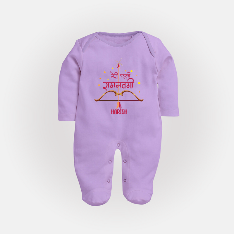 My First Ram Navami - A Sacred Beginning Of Devotion With Our Customized Sleep Suit For Babies With Name - LILAC - New Born (Chest 7.5")