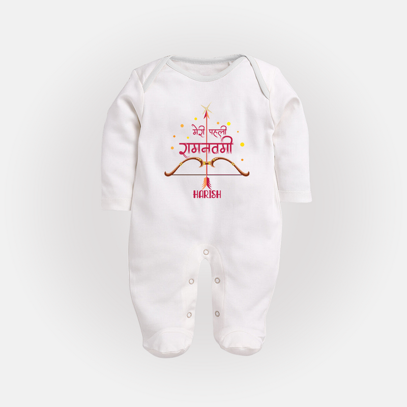 My First Ram Navami - A Sacred Beginning Of Devotion With Our Customized Sleep Suit For Babies With Name - WHITE - New Born (Chest 7.5")