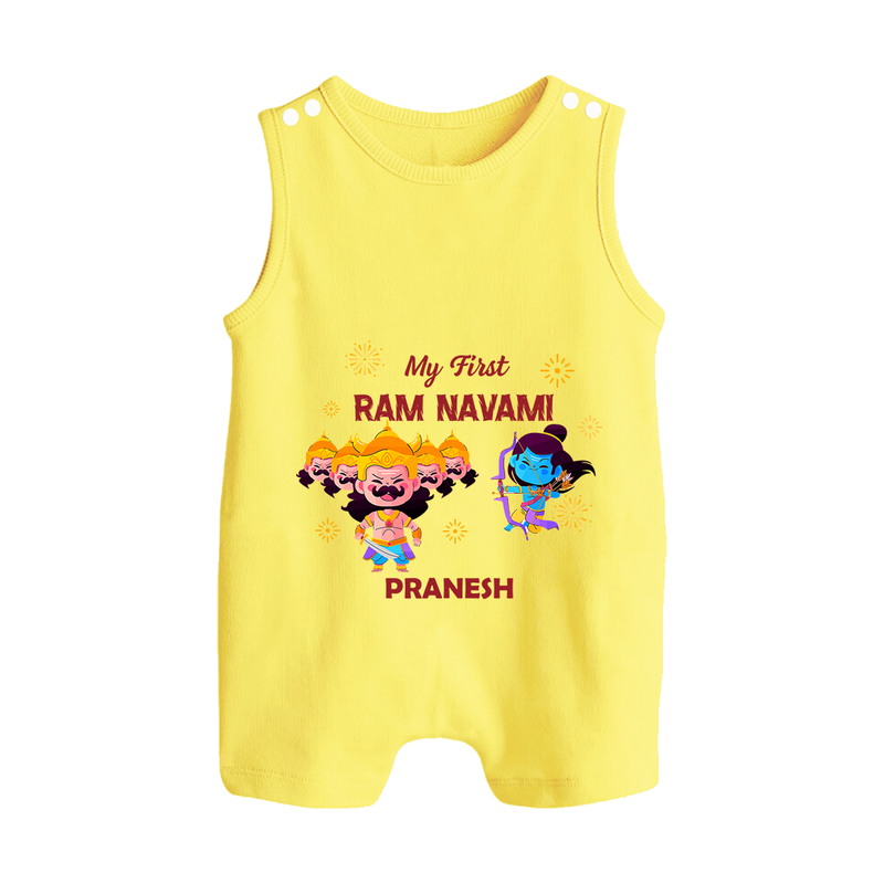 My First Ram Navami - Wrapped In Spiritual Joy With Our Customized Romper Suit For Babies With Name - PASTEL YELLOW - 0 - 5 Months Old (Chest 18")