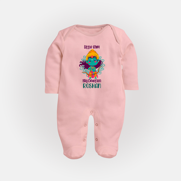 Little Ram Big Devotion Sleep Suit | Personalized Sleep Suit for Ram Bhakt - BABY PINK - New Born (Chest 7.5")
