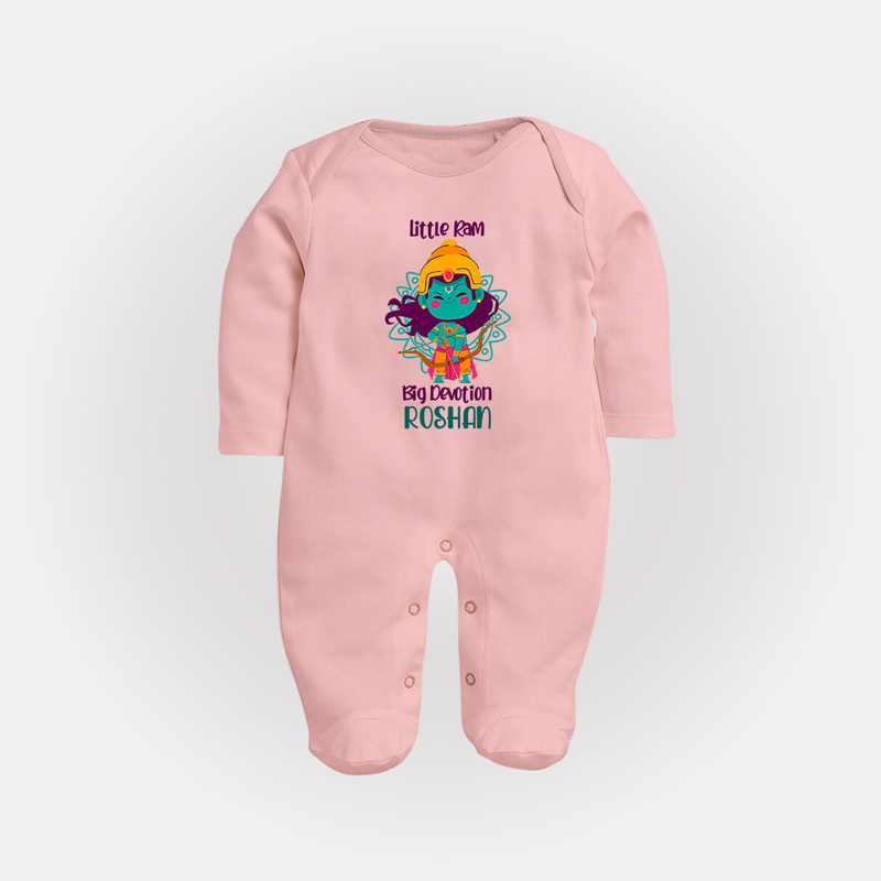 Little Ram Big Devotion Sleep Suit | Personalized Sleep Suit for Ram Bhakt - BABY PINK - New Born (Chest 7.5")