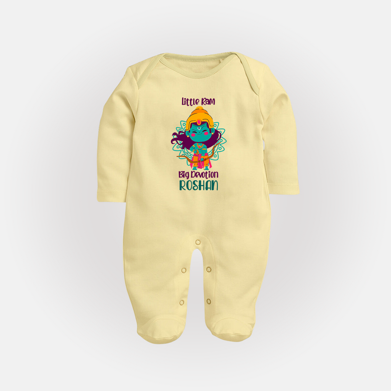 Little Ram Big Devotion Sleep Suit | Personalized Sleep Suit for Ram Bhakt - PASTEL YELLOW - New Born (Chest 7.5")