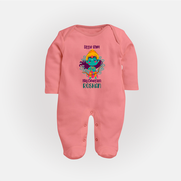 Little Ram Big Devotion Sleep Suit | Personalized Sleep Suit for Ram Bhakt - PEACH - New Born (Chest 7.5")