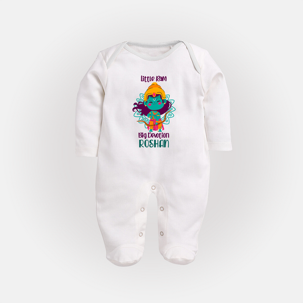 Little Ram Big Devotion Sleep Suit | Personalized Sleep Suit for Ram Bhakt - WHITE - New Born (Chest 7.5")