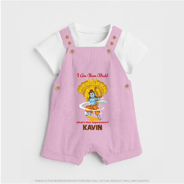 I Am Ram Bhakt, What's Your Super Power Dungaree set | Custom Dungaree set for Ram Bhakt - BABY PINK - 0 - 5 Months Old (Chest 18")