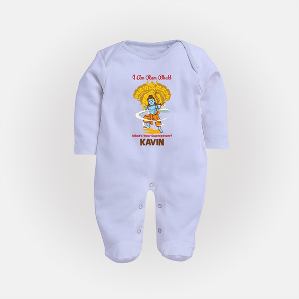 I Am Ram Bhakt, What's Your Super Power Sleep Suit | Custom Sleep Suit for Ram Bhakt - BABY BLUE - New Born (Chest 7.5")
